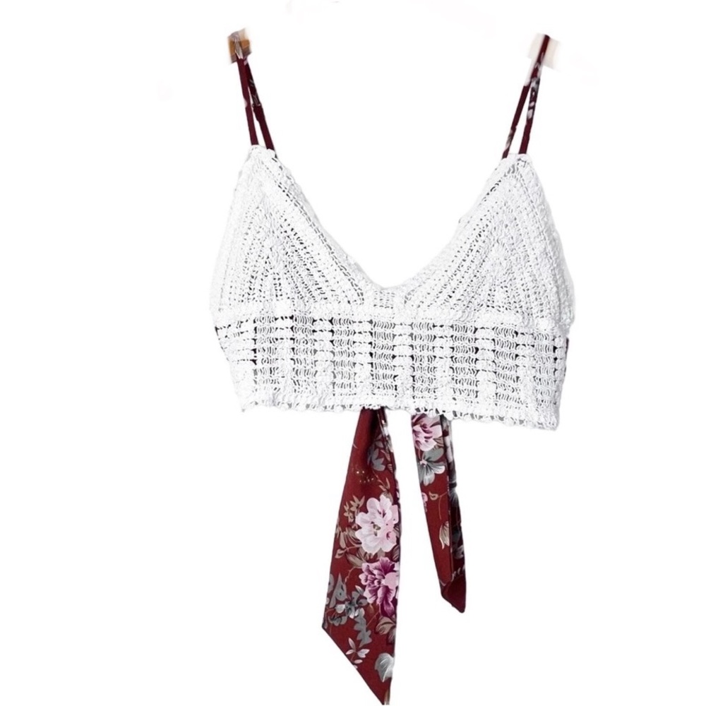 Crochet White Halter Top Rust Floral Tie Size Large